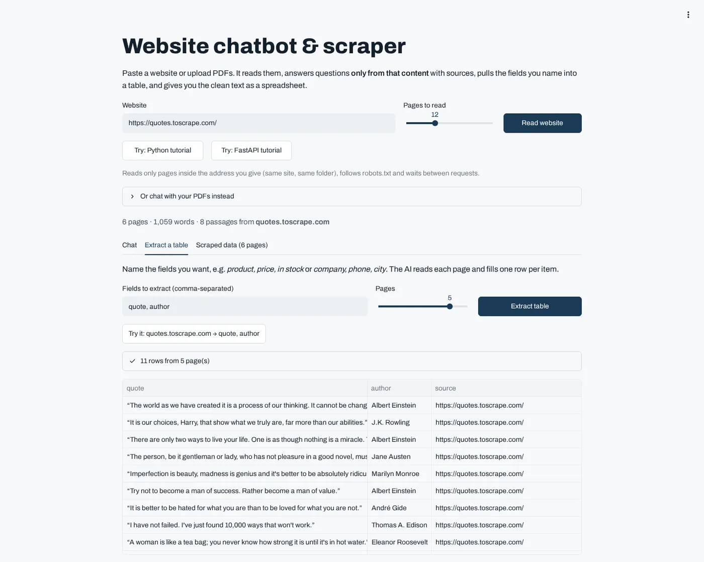 Website chatbot answering a question from a scraped site, with its sources listed.